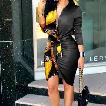 Летние женские однотонные платья-рубашки средней длины с V-образным вырезом и галстуком S оранжевый