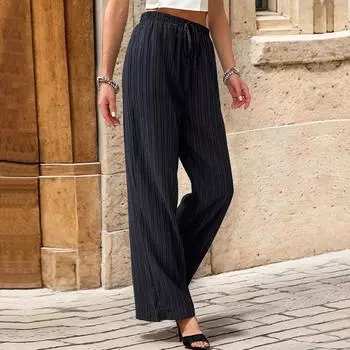 Летние женские однотонные плиссированные прямые повседневные брюки S чёрный