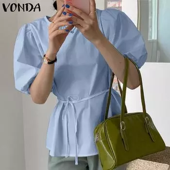 Летние женские однотонные повседневные топы с короткими рукавами-фонариками VONDA