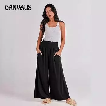 Летние женские однотонные повседневные универсальные прямые брюки с широкими штанинами на шнурке S чёрный