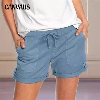 Летние женские однотонные прямые повседневные брюки со шнуровкой и шортами S чёрный