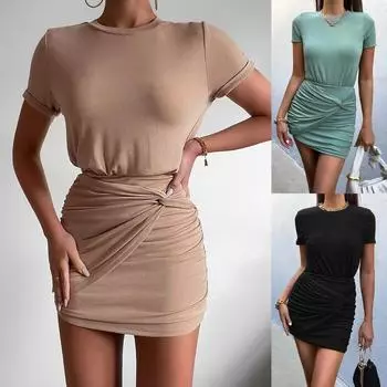 Летние женские однотонные с круглым вырезом, плиссированные, вечерние, облегающие, на бедрах, вечерние платья, платья S чёрный