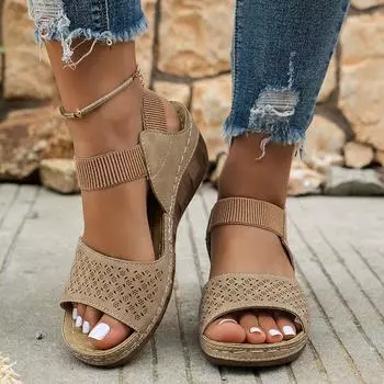 Летние женские однотонные сандалии на танкетке, легкая пляжная обувь с эластичной лентой, женские удобные уличные прогулочные сандалии 36