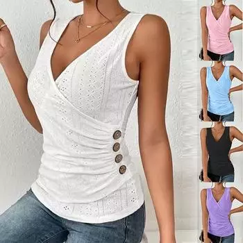 Летние женские однотонные тонкие майки с v-образным вырезом и декором на пуговицах, жилет S чёрный