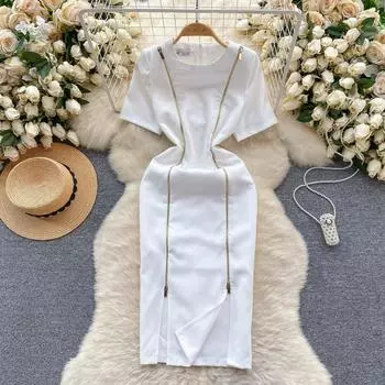 Летние женские офисные платья с двойной молнией, модные однотонные вечерние платья до середины икры с короткими рукавами