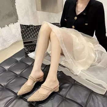 Летние женские остроносые классные тапочки, корейская версия модных моделей на низком каблуке, с юбкой в стиле феи, сумка на голову 36 чёрный