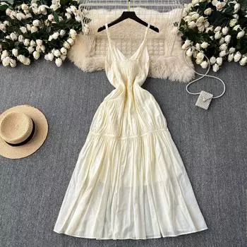 Летние женские отпускные платья с бретелькой на шее и талией для похудения S абрикосовый