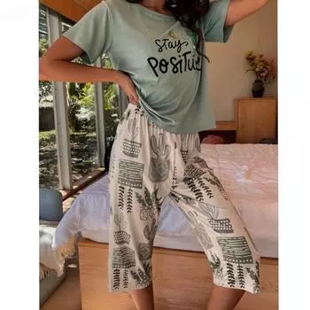 Летние женские пижамы-капри, комплект длиной до икр, молочный шелк, одежда для сна, домашняя одежда с короткими рукавами, одежда для отдыха и отдыха S зелёный