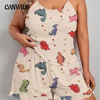 Летние женские пижамы, повседневные пижамы на бретельках, большие размеры, свободные, с милым мультяшным принтом динозавра, домашняя одежда, топ, шорты, костюм 1XL разноцветный