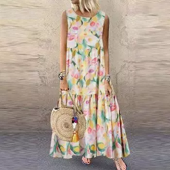 Летние женские платья без бретелек без рукавов в стиле ретро, повседневные пляжные свободные пуловеры больших размеров, длинное платье трапециевидной формы для женщин One Size жёлтый