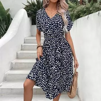 Летние женские платья без бретелек с коротким рукавом и леопардовым принтом, шикарные, удобные и универсальные, темпераментные, элегантные, повседневные, женская одежда S темно-синий