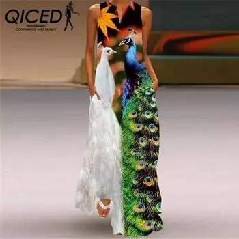 Летние женские платья без рукавов QICED с длинным V-образным вырезом и принтом в виде нефритовых цветов S