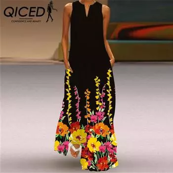 Летние женские платья без рукавов QICED с длинным V-образным вырезом и принтом в виде нефритовых цветов S