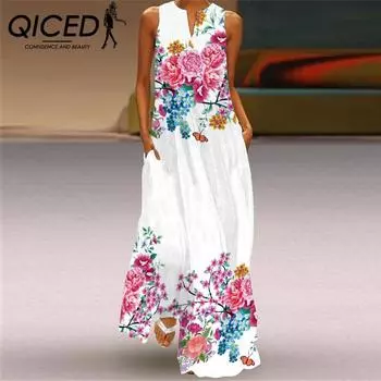Летние женские платья без рукавов QICED с длинным V-образным вырезом и принтом в виде нефритовых цветов S