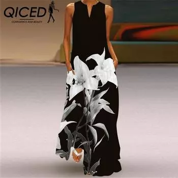 Летние женские платья без рукавов QICED с длинным V-образным вырезом и принтом в виде нефритовых цветов S