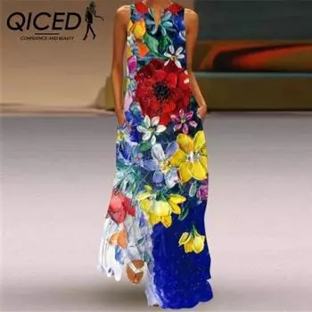 Летние женские платья без рукавов QICED с длинным V-образным вырезом и принтом в виде нефритовых цветов S
