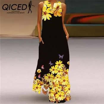 Летние женские платья без рукавов QICED с длинным V-образным вырезом и принтом в виде нефритовых цветов S