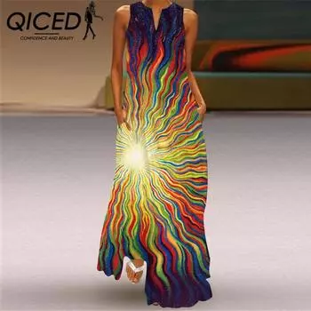Летние женские платья без рукавов QICED с длинным V-образным вырезом и принтом в виде нефритовых цветов S