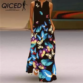 Летние женские платья без рукавов QICED с длинным V-образным вырезом и принтом в виде нефритовых цветов S