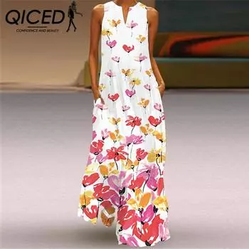 Летние женские платья без рукавов QICED с длинным V-образным вырезом и принтом в виде нефритовых цветов S