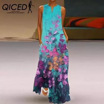 Летние женские платья без рукавов QICED с длинным V-образным вырезом и принтом в виде нефритовых цветов S