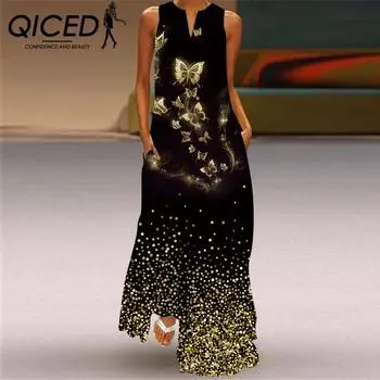 Летние женские платья без рукавов QICED с длинным V-образным вырезом и принтом в виде нефритовых цветов S