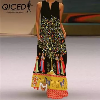 Летние женские платья без рукавов QICED с длинным V-образным вырезом и принтом в виде нефритовых цветов S