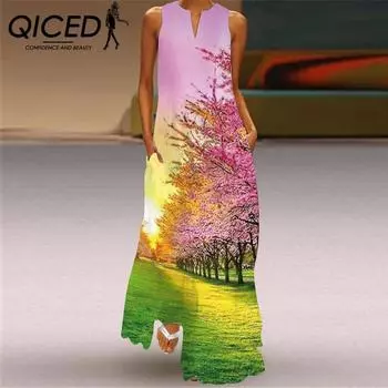 Летние женские платья без рукавов QICED с длинным V-образным вырезом и принтом в виде нефритовых цветов S
