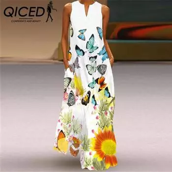 Летние женские платья без рукавов QICED с длинным V-образным вырезом и принтом в виде нефритовых цветов S