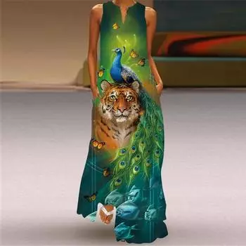 Летние женские платья без рукавов с длинным V-образным вырезом и принтом в виде нефритового цветка S