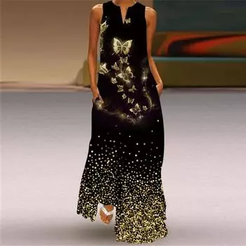 Летние женские платья без рукавов с длинным V-образным вырезом и принтом в виде нефритового цветка S