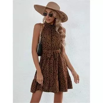 Летние женские платья без рукавов с круглым вырезом и принтом в горошек S темно-коричневого