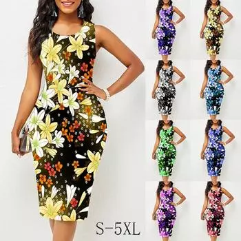 Летние женские платья без рукавов с круглым воротником Платья миди Женское цельное платье Платье с принтом Платья с цветочным принтом Платья больших размеров S-5XL XXXXXL