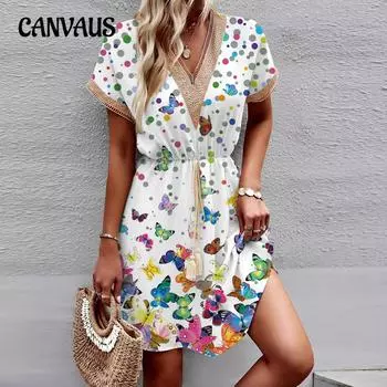 Летние женские платья больших размеров с принтом и короткими рукавами, кружевные платья с v-образным вырезом и большой талией S