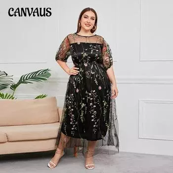 Летние женские платья больших размеров, сетчатые длинные платья с вышивкой для банкетов и вечеринок M чёрный