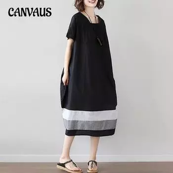 Летние женские платья больших размеров, свободные полосатые хлопковые и льняные платья с короткими рукавами