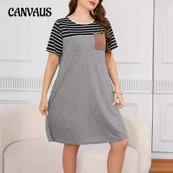Летние женские платья больших размеров в полоску с принтом, повседневные платья с круглым вырезом и короткими рукавами L серый