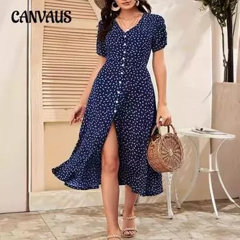 Летние женские платья больших размеров с v-образным вырезом и цветочным принтом на пуговицах