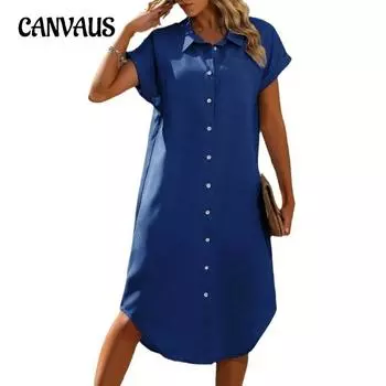 Летние женские платья больших размеров, модные однотонные платья с короткими рукавами, платья-рубашки средней длины S синий