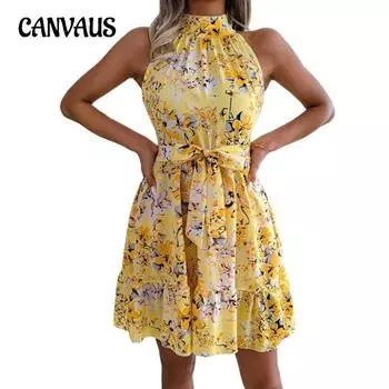 Летние женские платья больших размеров, модные платья с цветочным принтом и висящей шеей, без рукавов, без талии