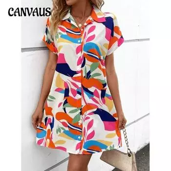 Летние женские платья больших размеров с принтом и короткими рукавами, платья-рубашки S белый