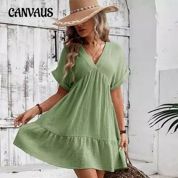 Летние женские платья больших размеров, однотонные свободные плиссированные платья с v-образным вырезом S зелёный