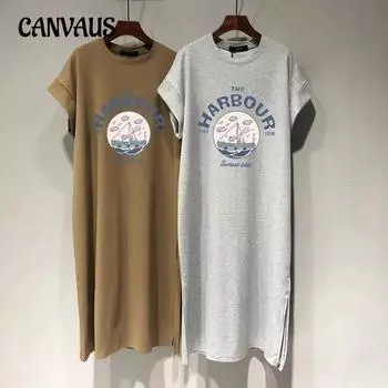 Летние женские платья больших размеров длиной до колена с коротким рукавом и футболкой, модные платья с разрезом и буквенным принтом M белый