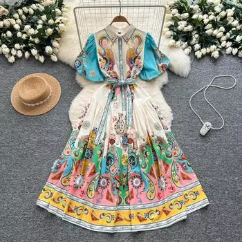 Летние женские платья больших размеров с винтажным принтом и подиумным принтом, рубашка с рукавами-фонариками, платья больших размеров со шнуровкой M абрикосовый