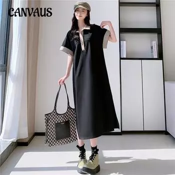 Летние женские платья Длинные большие размеры ПОЛО шеи Лоскутные карманные платья L чёрный