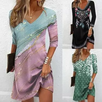 Летние женские платья для женщин Платье с длинным рукавом Элегантное повседневное платье с v-образным вырезом Платье с принтом S