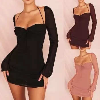 Летние женские платья для женщин, платье с длинным рукавом, сексуальное платье, тонкое платье, однотонное платье с бретелькой на шее S белый