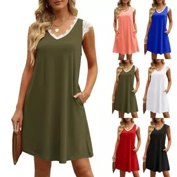 Летние женские платья для женщин, платье без рукавов, кружевное платье-майка с большим свободным повседневным платьем, однотонное платье S оранжевый