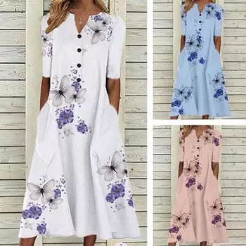Летние женские платья для женщин с принтом Платье-рубашка с v-образным вырезом и коротким рукавом Повседневное свободное платье S