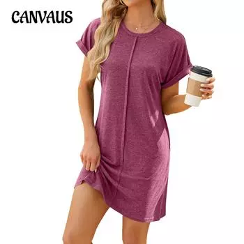 Летние женские платья-футболки Новые однотонные свободные платья с круглым вырезом и короткими рукавами